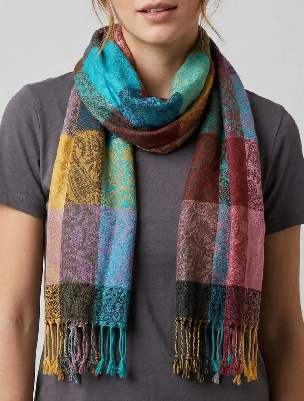 Pashmina Scarf Plaid Fringe Blue Pink Yellow Green  16